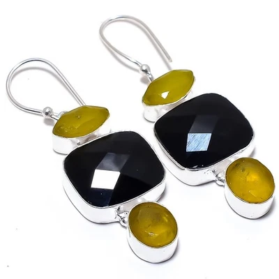 Onice Nera , Gemma Fatto a Mano 925 Argento Sterling Gioielli Orecchino 5.8cm - Immagine 1 di 4