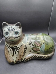 VTG. Tonala Folk Art Cat Figurine Lying Down Green/Brown/Blue/Yellow/ Mexico - Picture 1 of 9