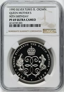 Turks n Caicos SILVER 1 Crown 1990 “Queen Mother’s Birthday NGC: PF69UCAM. #C425 - Picture 1 of 2