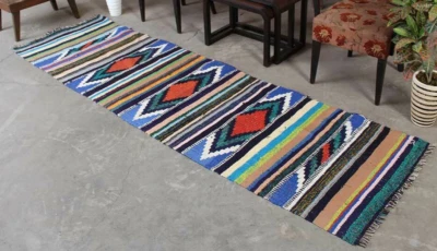 Tapete de área 3x9 tradicional vintage lã azul geométrico plano feito à mão Kilim Runner - Imagem 1 de 4