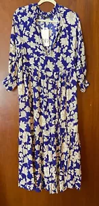 NWT Zara Blue Cream Floral Maxi Dress SZ M 3/4 Balloon Sleeve Elastic Cuff - Picture 1 of 14