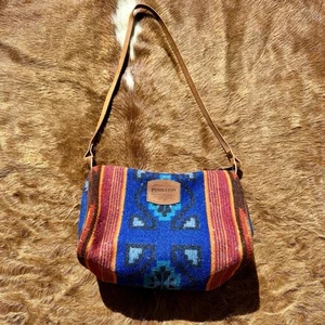 Pendleton Made USA Multicolor Wool Aztec Print Shoulder Bag Leather Purse Blue - Picture 1 of 15