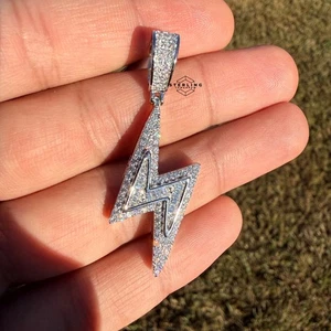 Moissanite Lightening Bolt Pendant Iced Pass Testers 925 Silver +Free Rope Chain - Picture 1 of 13