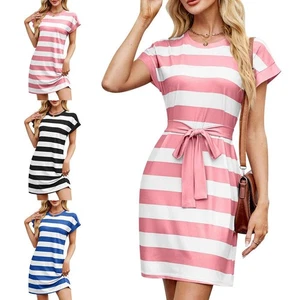 Abito donna casual a righe manica corta linea A abito primavera estate con cintura - Foto 1 di 15