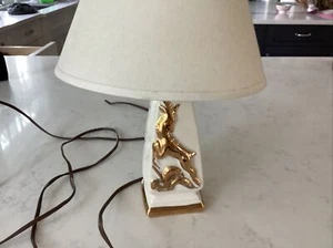 Vintage MCM Baby Doe Fawn Boudoir Table Lamp-Ceramic + Shade Off White And Gold - Picture 1 of 11