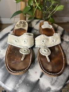 Jack Rogers Hamptons Leather Flat Sandals in Cream and White Sz 7 Preowned - Picture 1 of 4