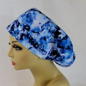 Women Scrub Hats, Surgical Caps, Blue Tie Dye, Nurses Hat, Medical, USA Made - Picture 1 of 8