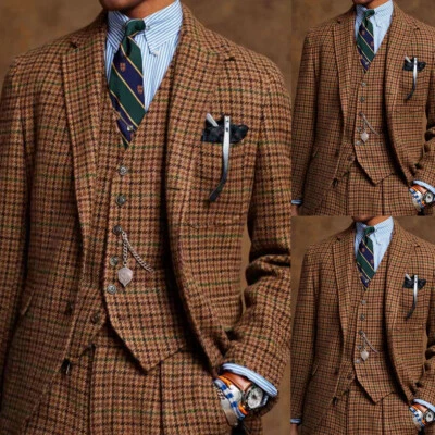 Trajes de Cuadros Marrón para Hombre Calce Regular Plisado Pantalón Boda Muesca Solapa 3 Piezas Foto 1 de 4