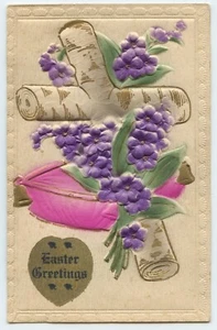Easter Greetings Embossed Cross and Flowers Hand Tinted Postcard - Picture 1 of 2