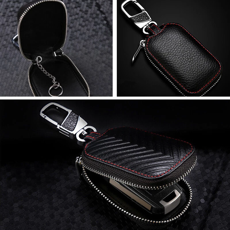 Black Genuine Leather Car Key Cover Holder Key Fob Case Bag Universal For Cars - Image 1 of 4