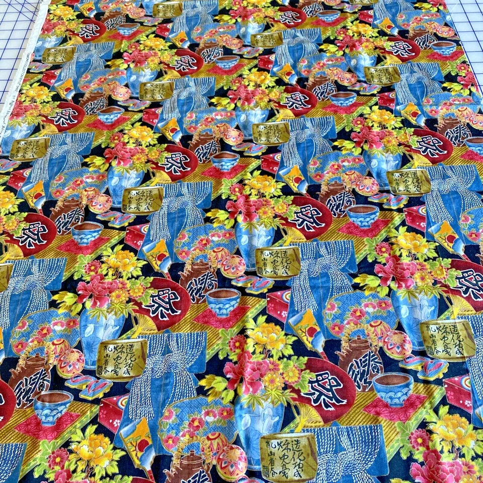 Hoffman Kimono Collection 5493 Cotton Fabric Quilting Blue Floral Asian Design  - Image 1 of 4