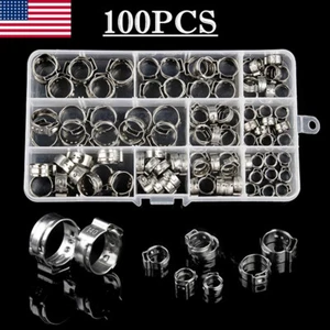 100pcs Hose Clamp Assorted Stainless Steel Ear Cinch Rings Crimp Pinch Set - Picture 1 of 19