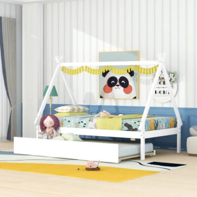 Cama de piso moderna cama de tienda de campaña tamaño doble con cama tipi nido extraíble de madera maciza Foto 1 de 4