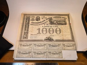 Original 1863 Civil War Confederate States $1000 War Bond with Coupons - Picture 1 of 15