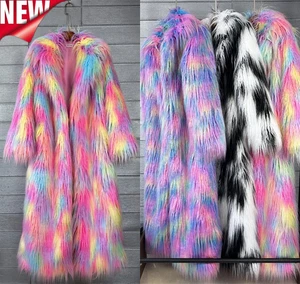 Winter Warm Women Shaggy Faux Fur Coat Fluffy Mixed Color Long Overcoat Outwear - Picture 1 of 31