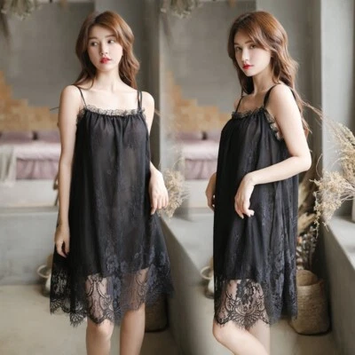 Women Lady Nightdress Nightie Sleepwear Spaghetti Strap Lace Loose Princess Soft - Image 1 of 4