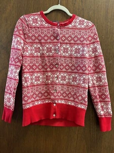 Lands End Medium Snowflake Button Up Cardigan Red White Winter Holiday Festive - Picture 1 of 7