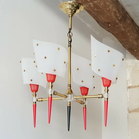 Chandelier Suspension Vintage 1950 The Torchlight 50S 1950S Brass & Plastic Cover
