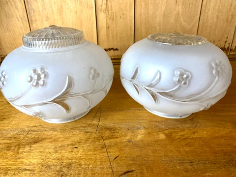 VTG 2 Cut Glass Frosted Globe Ceiling Lamp Shades 6x 4.5" Embossed Flower Vine Cover