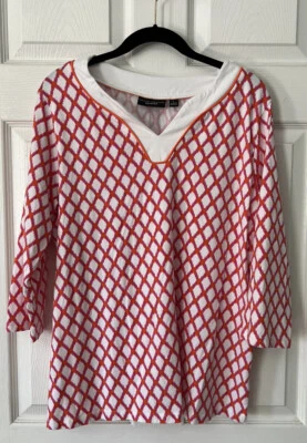 Top túnica Susan Graver Weekend para mujer rosa blanco estampado geométrico manga 3/4 L Foto 1 de 4