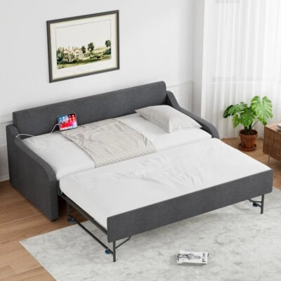 82" Upholstered Twin Size Daybed with Pop Up Trundle to King Day Bed w/USB Port - Image 1 of 4