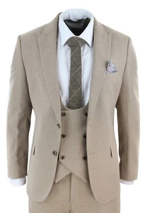 Mens 3 Piece Beige Tweet Suit Oak Double Breasted Formal Tailored Wedding Suit - Picture 1 of 6