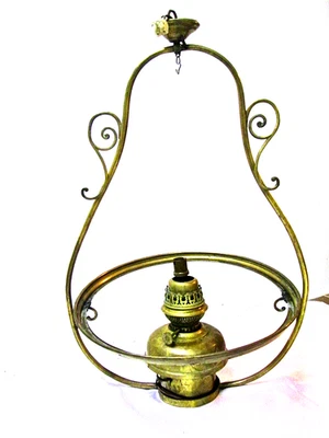 SUSPENSION LYRE LAMPE PETROLE ELECTRIFIEE Bec Columbus KINDERMANN c1900 ss verre - Photo 1/4