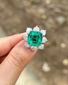 6.48 Ct Certified Natural Emerald & Diamond Beautiful Ring Real 18K White Gold - Picture 1 of 11