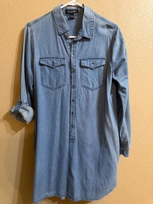 FUN & FLIRT DENIM KNEE LENGTH DRESS SZ LARGE 1/2 BUTTON FRONT LONG ROLL TAB SLVS - Image 1 of 4