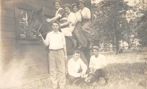 RPPC Four Girls On Horse Edwardian Era ca 1910s Vintage Real Photo Postcard - Picture 1 of 1