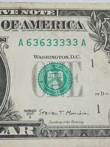 2017A $1 A BOSTON BEP A-A BLOCK BINARY WITH 5 3's  REPEATER(A636333333A) - Picture 1 of 9