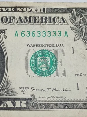 2017A $1 A BOSTON BEP A-A BLOCK BINARY WITH 5 3's  REPEATER(A636333333A) - Image 1 of 4