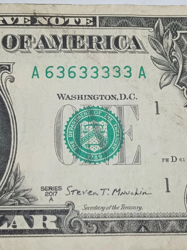 2017A $1 A BOSTON BEP A-A BLOCK BINARY WITH 5 3's  REPEATER(A636333333A) - Image 1 of 4