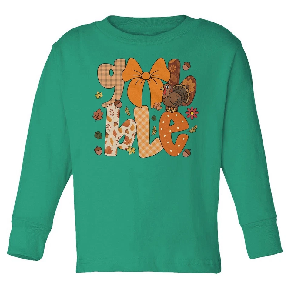 Camiseta de manga larga Turkey Gobble Coquette Bow Acción de Gracias Groovy Family Niño pequeño Foto 1 de 1