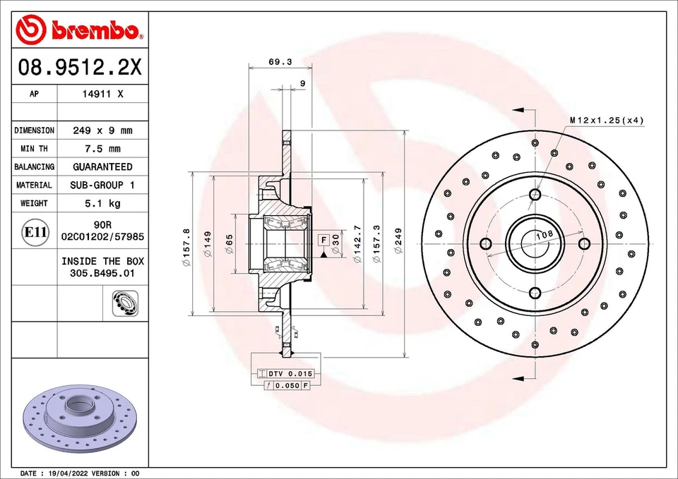BREMBO 08.9512.2X Disque de frein pour CITROËN,DS,OPEL,PEUGEOT,VAUXHALL - Photo 1/2