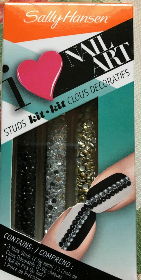 KIT DE 3 FRASCOS DE TACHAS DE NAIL ART SALLY HANSEN PRETO, DOURADO, PRATA. Novo na caixa - Imagem 1 de 1