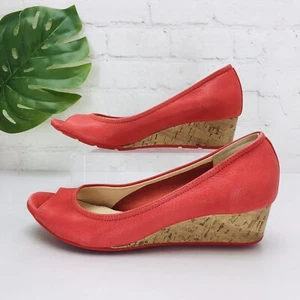 Cole Haan Women's Slip On Shoes Size 8 B Red Leather Cork Heel Wedge Open Toe - Picture 1 of 12