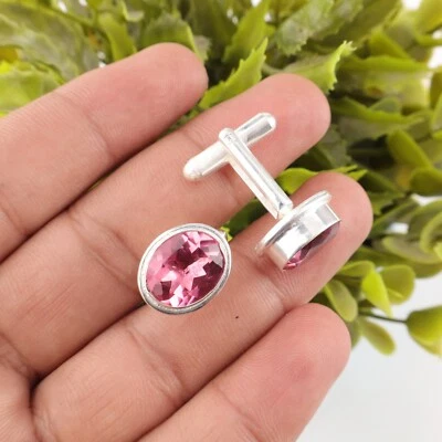 Pink Tourmaline Gemstone 925 Sterling Silver Jewelry Handcrafted Cufflinks 0.59" - Image 1 of 4