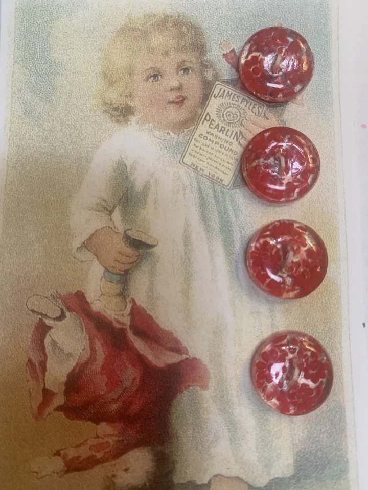 Set of 4 ~  1/2" Vintage Red Under painted Crystal Flower Glass Buttons~ NOS - Image 1 of 1