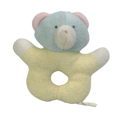 Vintage Bantam Teddy Bear Yellow Blue Terry Cloth Plush Baby Rattle Soft Toy - Image 1 of 4