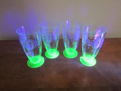 ( 4 ) Tiffin / PSYCHE / OPTIC ICE TEA Glasses  / Uranium  Foot / 5 5/8" 15016 - Image 1 of 4
