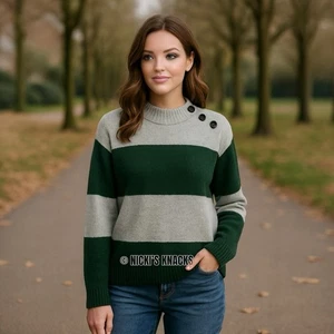Whistles Wool Blend Stripe Button Neck Sweater Green Blue Jumper Size Small - Picture 1 of 13