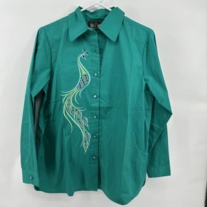 Bob Mackie Wearable Art Teal Peacock Embroidered Button Up Artsy Small NEW - Picture 1 of 10
