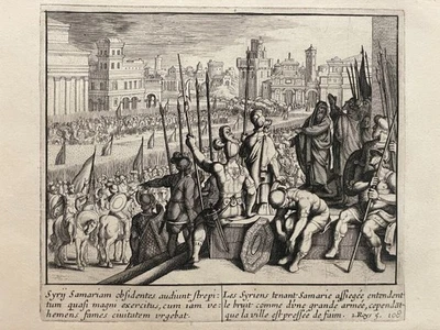 Samaria Syrer Lärm Wunder Flucht Kupferstich n. Merian Mariette Bibel Antik 1700 - Bild 1 von 4