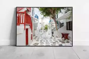 Mykonos town street with tree & red banisters Greece Ready to Hang Wall Art - Picture 1 of 6