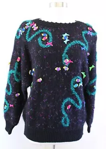 De Colección Años 80 90 Negro Colorido Arco Floral Bordado Suéter Talla M Mohair Retro - Imagen 1 de 6