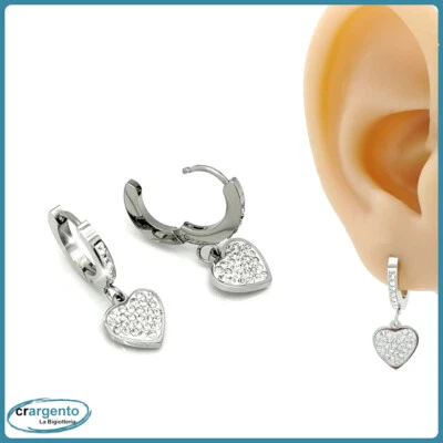 orecchini a cerchio con cuore pendente in acciaio inox da donna zirconi strass  - Immagine 1 di 4