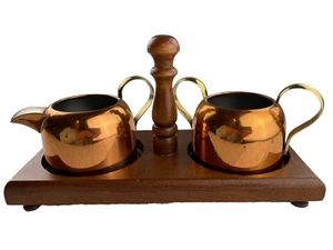 Coppercraft Creamer and Sugar Bowl W/ Wood Caddy Vintage - Picture 1 of 20