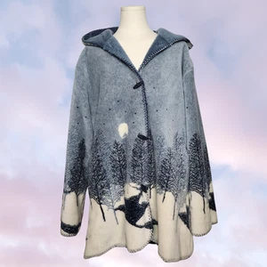 Vtg 90s Fuzzy Comfy Soft Winter Snow Night AOP Blue White Hooded Coat Sz 1X - Picture 1 of 9