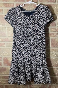 Polo Ralph Lauren Dobby Dress Girls 8 Navy White Floral Cottagecore - Picture 1 of 6
